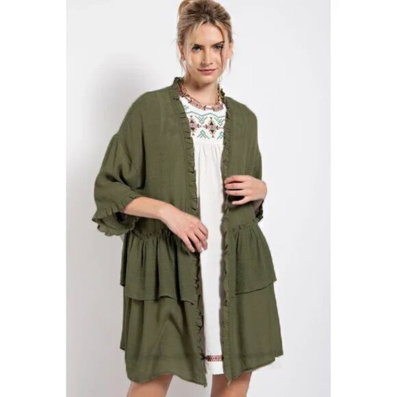 easel Sweaters - Easel Sage Semi Sheer Double Ruffled Long Open Front Cardigan Medium